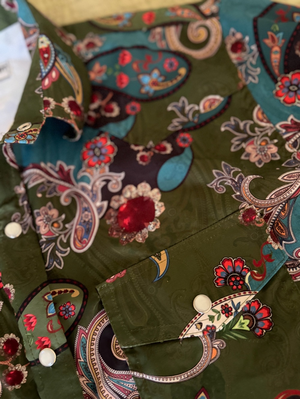 The American West Gemstone Paisley Snap Shirt M Olive Turquoise Western Cowgirl - Picture 4 of 11